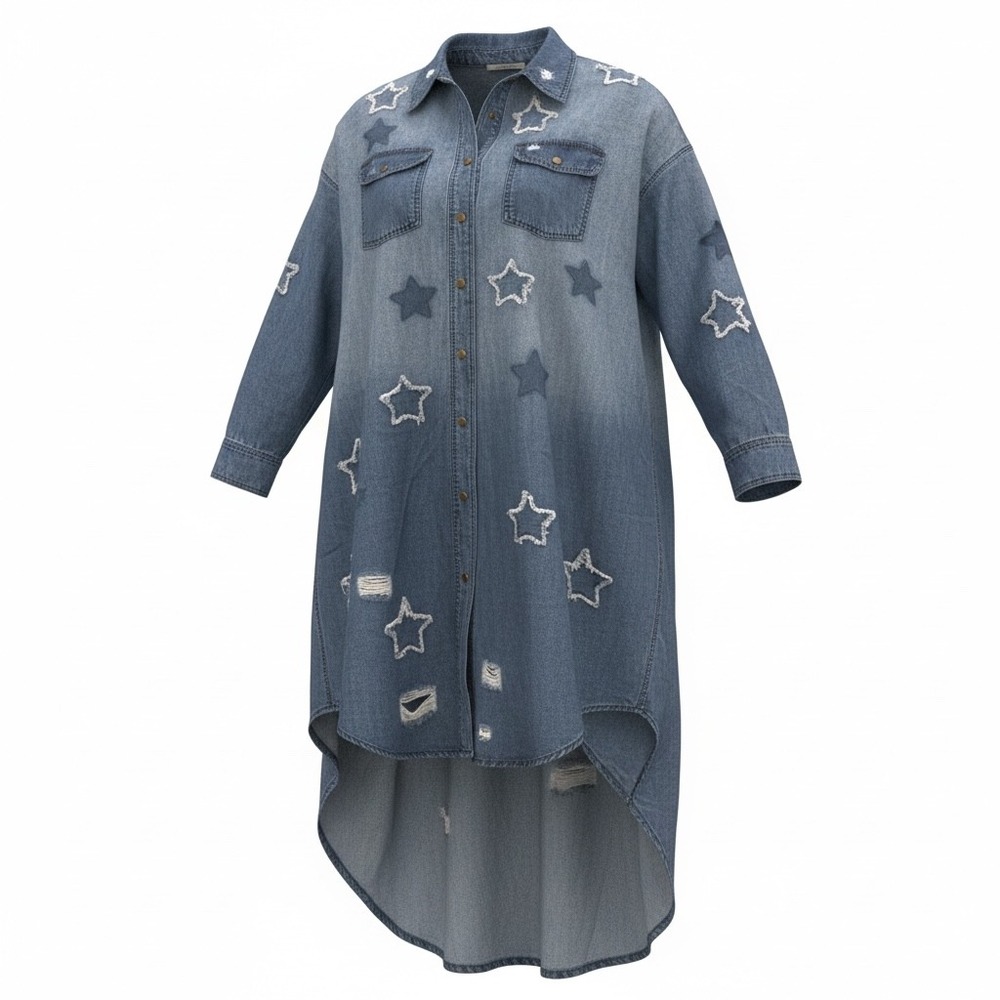 Blue Velvet Women XL Denim Star Patch Distressed High Low Button Front Dress